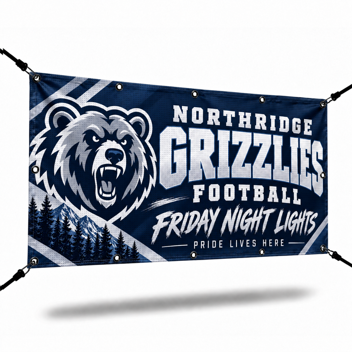 Navy bear-mascot football banner with bungee cords on a white background