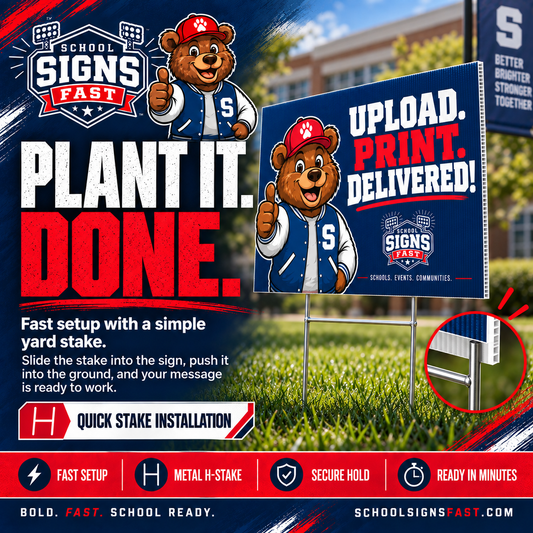 Graphic of a printed yard sign on a metal H-stake pushed into a lawn