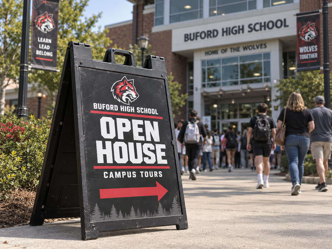 Custom A-frame school sign used on an educational campus