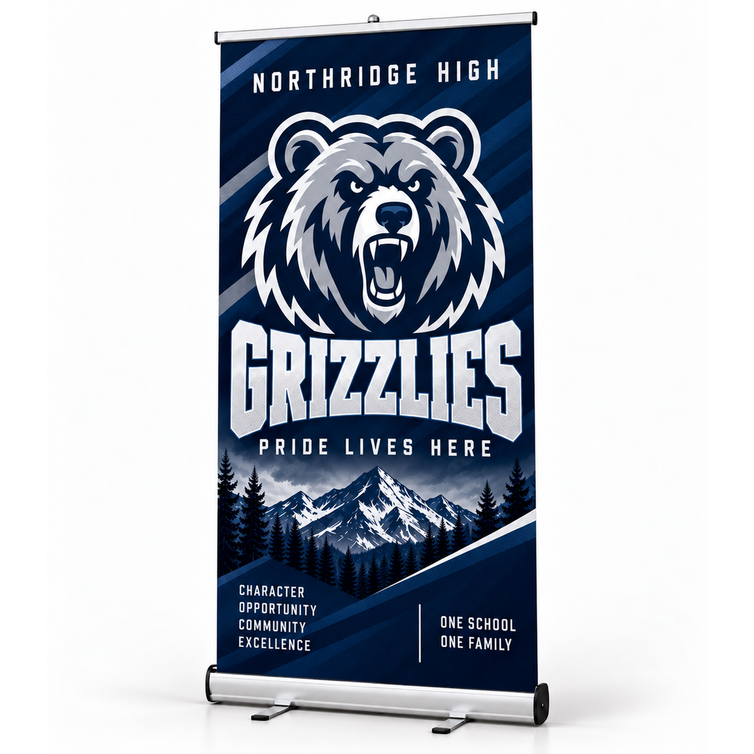 Navy retractable banner stand with a bear mascot logo, shown on a white background