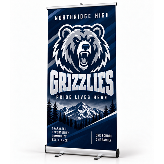 Navy retractable banner stand with a bear mascot logo, shown on a white background