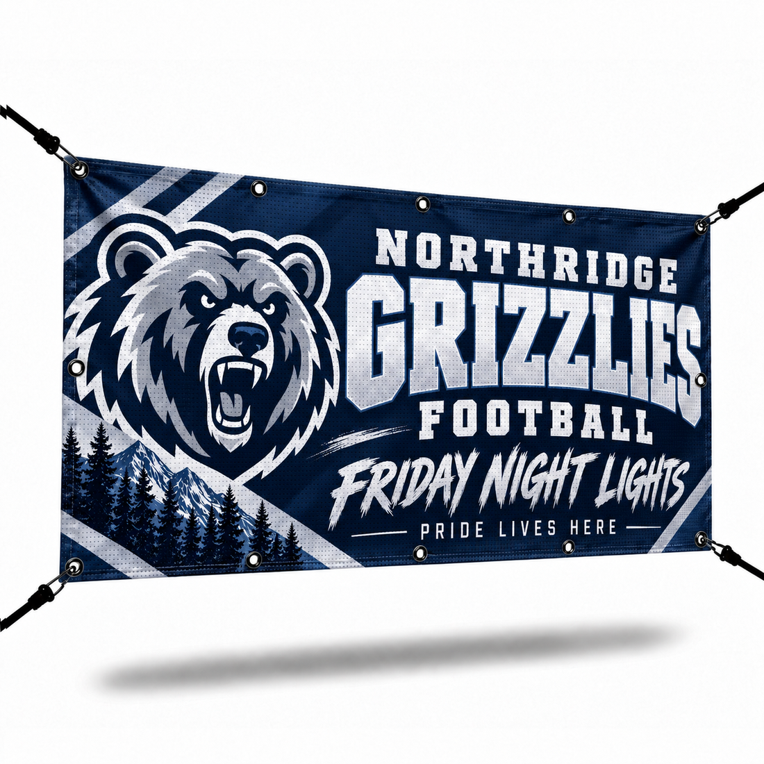 Navy mesh fence banner with a bear mascot logo and bungee cords, shown on a white background