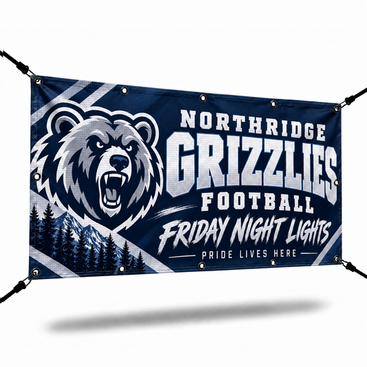 Navy mesh fence banner with a bear mascot logo and bungee cords, shown on a white background