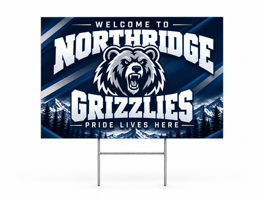 Navy yard sign with a bear mascot on a wire H-stake, shown on a white background
