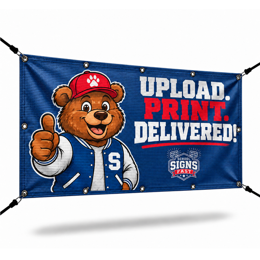 Navy mesh banner with a cartoon bear mascot and the words Upload. Print. Delivered!, hung with bungee cords