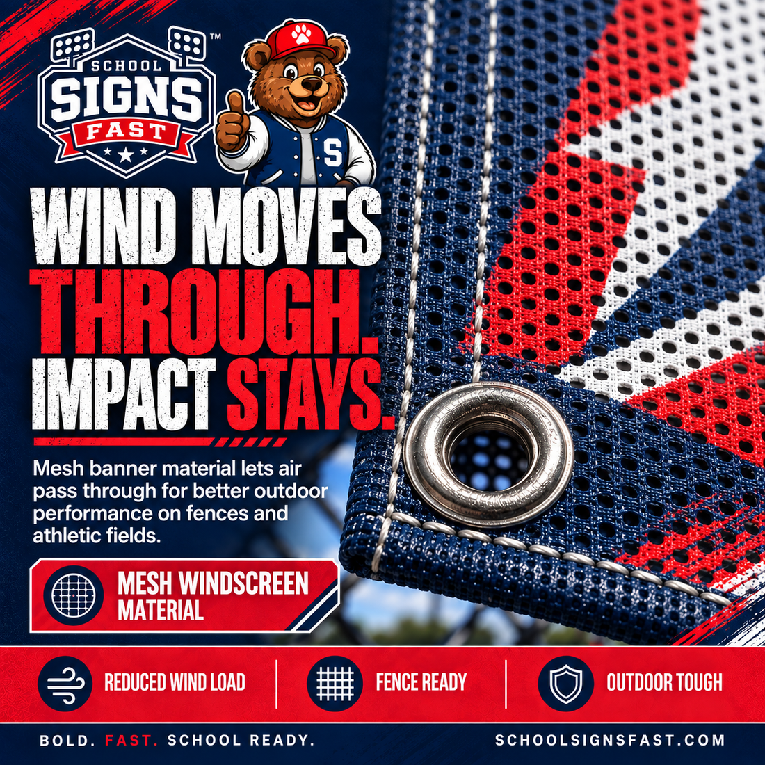 Close-up graphic of perforated mesh banner material with a metal grommet, showing how wind passes through