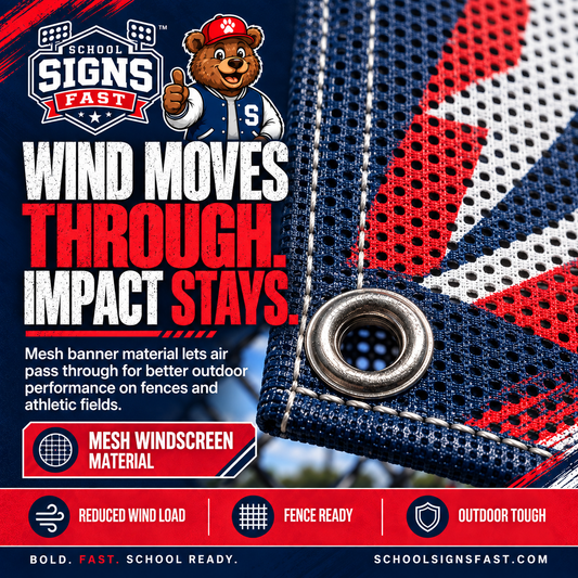 Close-up graphic of perforated mesh banner material with a metal grommet, showing how wind passes through