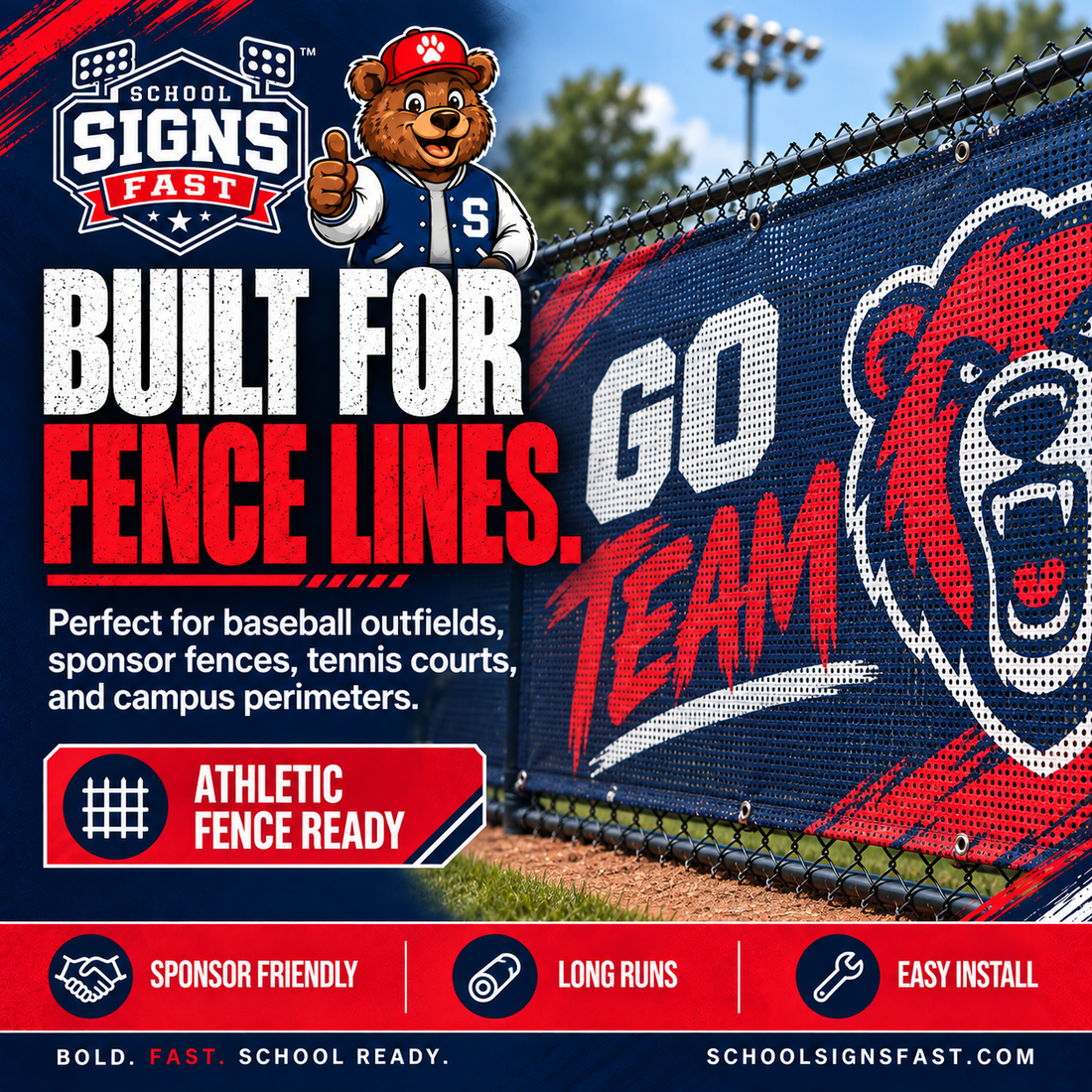 Graphic of a Go Team mesh banner mounted on a chain-link athletic fence