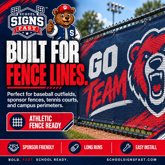 Graphic of a Go Team mesh banner mounted on a chain-link athletic fence