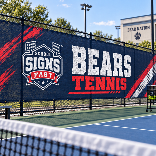 Navy and red Bears Tennis mesh banner on a tennis court fence with the net in the foreground