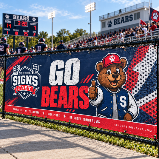 Navy and red Go Bears mesh banner on a stadium chain-link fence with fans in the stands