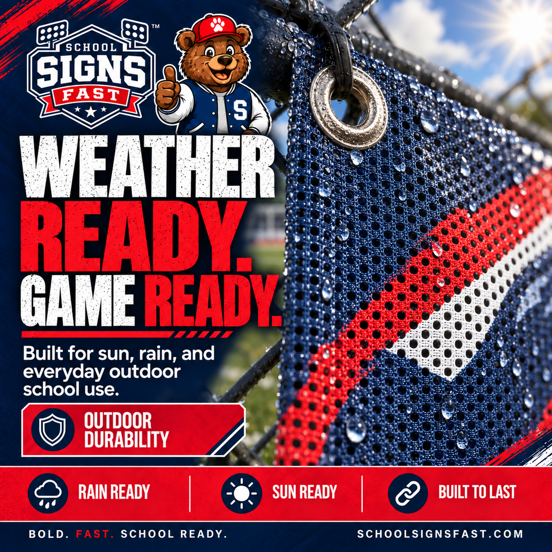 Close-up of a wet navy, red, and white mesh banner with a metal grommet tied to a chain-link fence