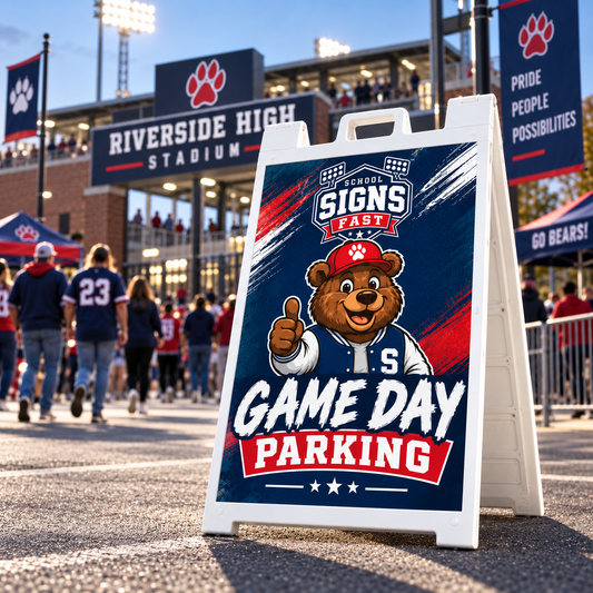 White A-frame sign reading Game Day Parking outside a stadium entrance with fans walking past