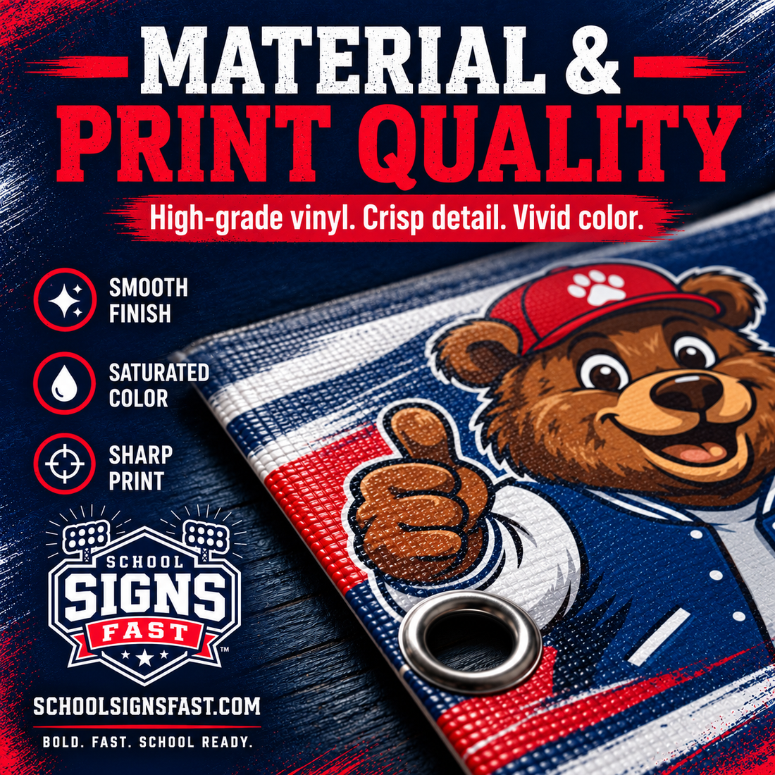 Close-up graphic of full-color printed vinyl banner material with a metal grommet