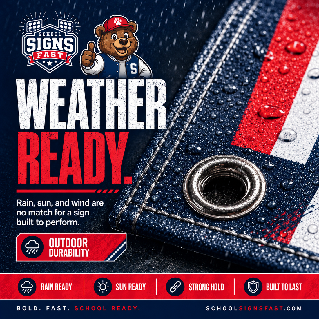 Close-up of a wet navy and red vinyl banner corner with a metal grommet