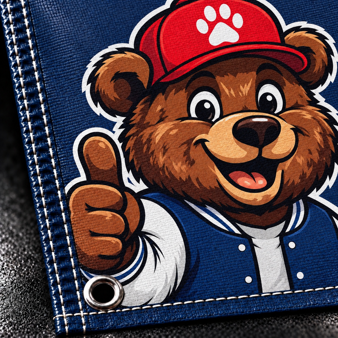 Close-up of a full-color cartoon bear mascot printed on vinyl banner material with a grommet