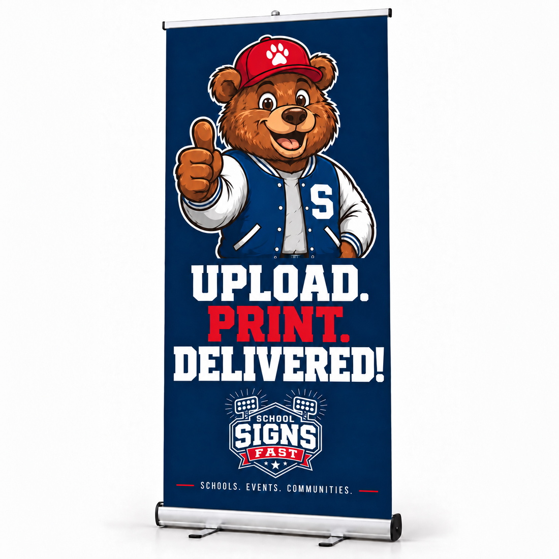Retractable banner stand with a cartoon bear mascot and the words Upload. Print. Delivered!