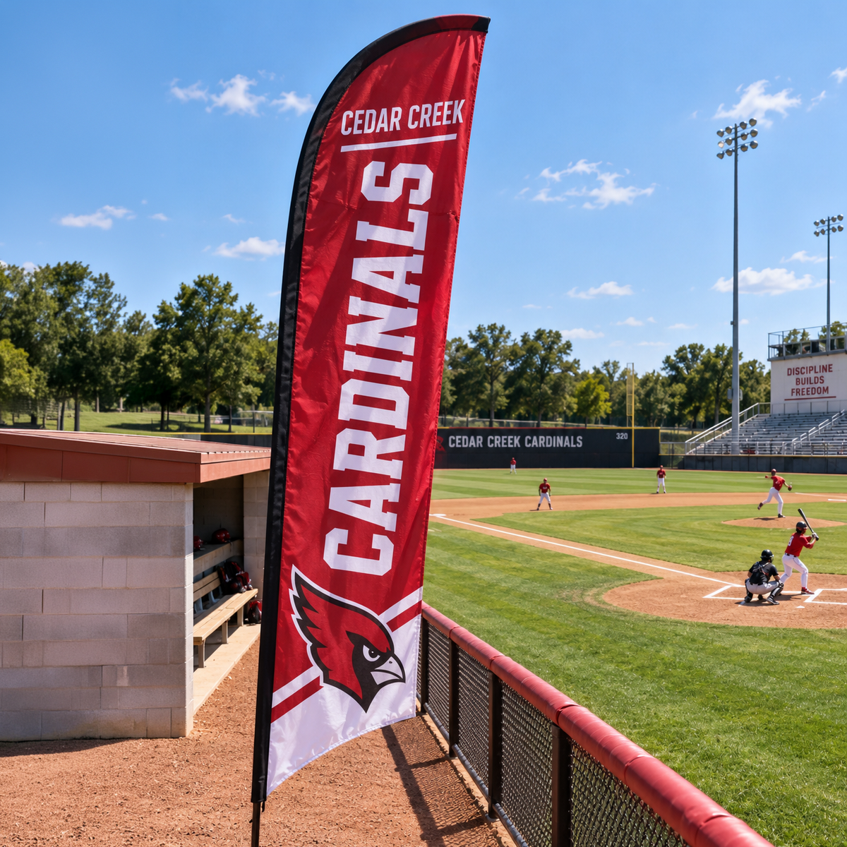 Red cardinal-mascot feather flag beside a baseball dugout during a game