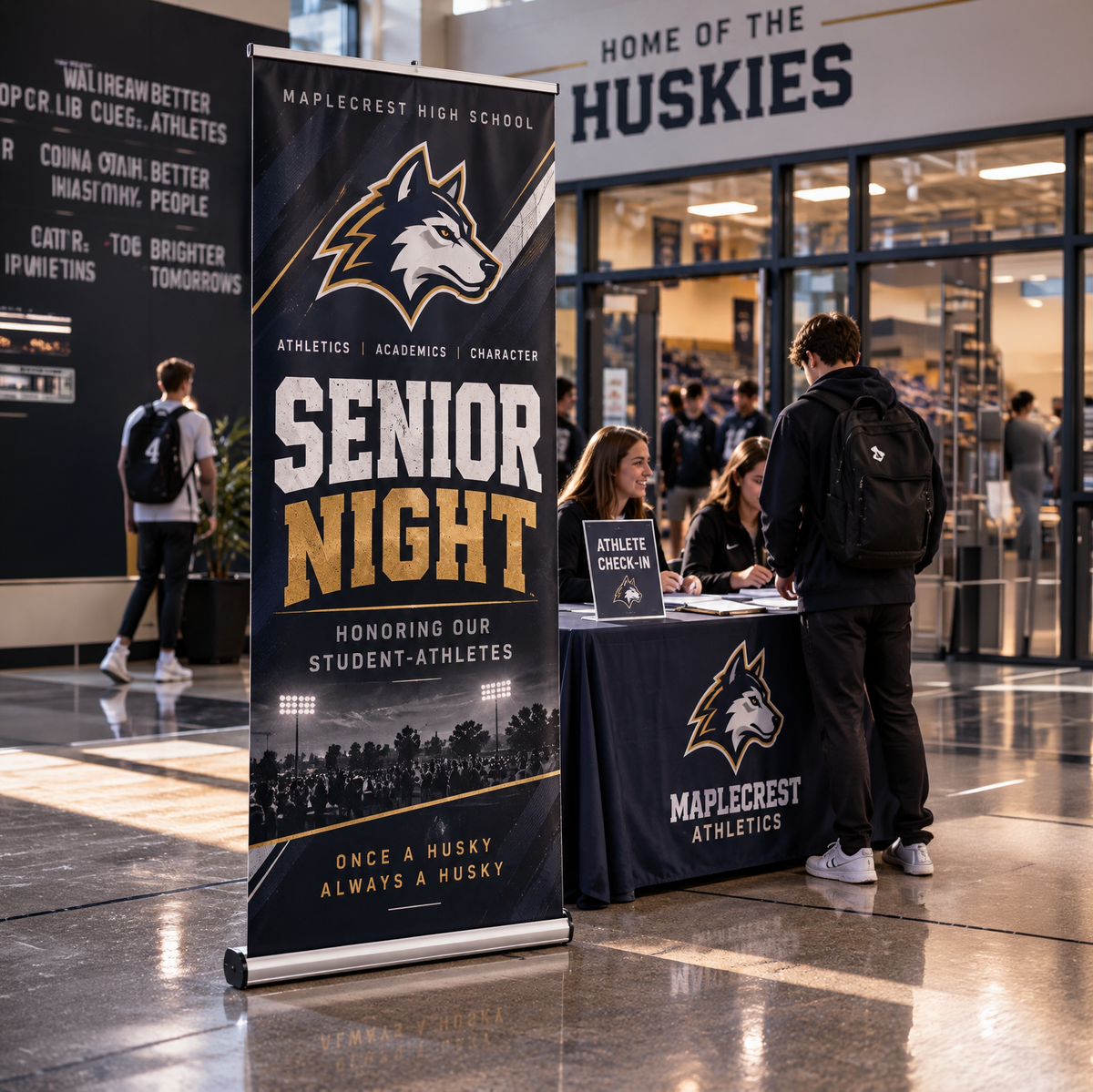 Black and gold Senior Night retractable banner next to a check-in table in a school lobby