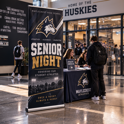 Black and gold Senior Night retractable banner next to a check-in table in a school lobby