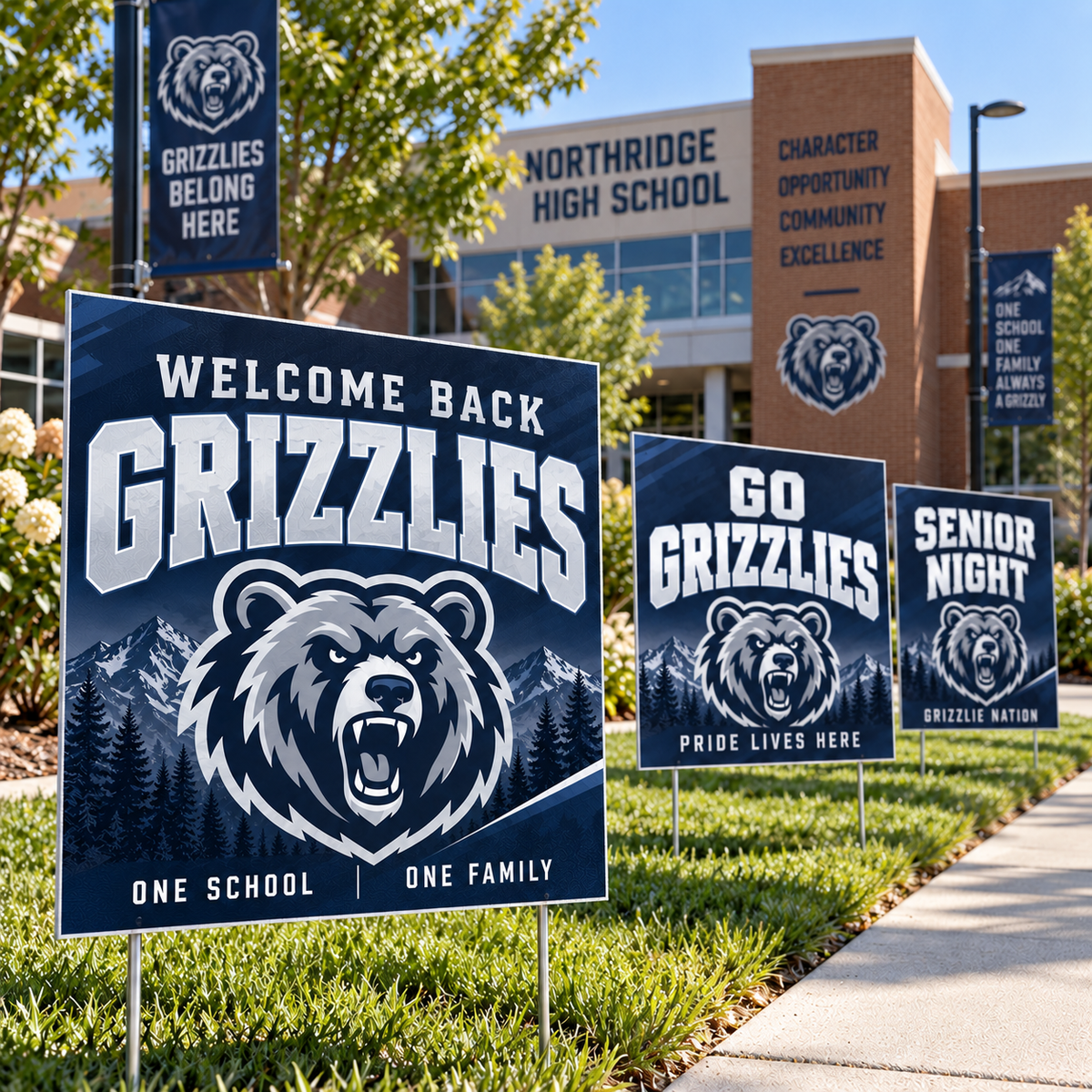 Three navy bear-mascot yard signs on a school lawn