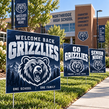 Three navy bear-mascot yard signs on a school lawn