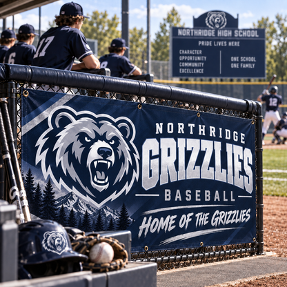 Navy bear-mascot baseball banner on a dugout fence with players behind it