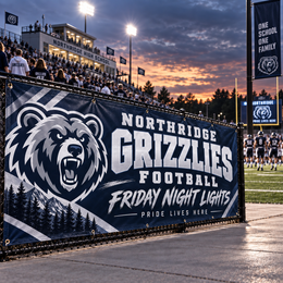 Navy bear-mascot football banner hung on a stadium fence at dusk
