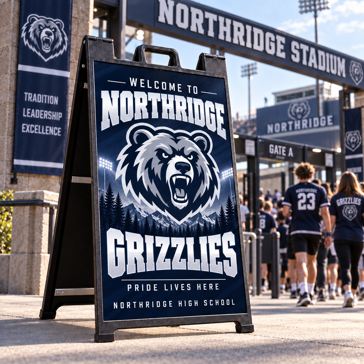Black A-frame sign with a navy bear-mascot welcome panel at a stadium gate as players walk in
