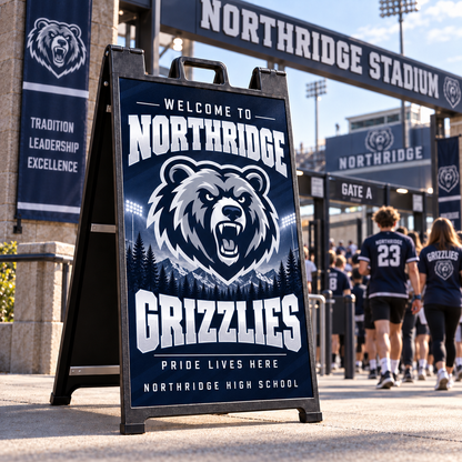 Black A-frame sign with a navy bear-mascot welcome panel at a stadium gate as players walk in