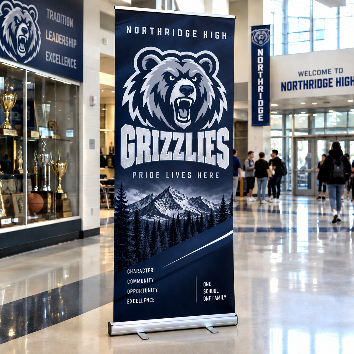 Navy bear-mascot retractable banner stand in a school lobby beside a trophy case