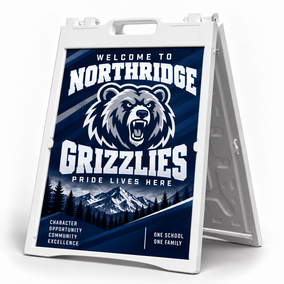 White A-frame sign with a navy bear-mascot welcome panel on a white background