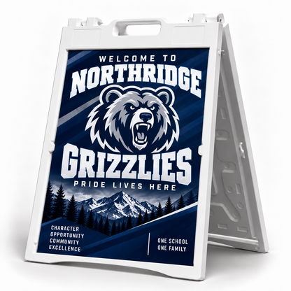White A-frame sign with a navy bear-mascot welcome panel on a white background