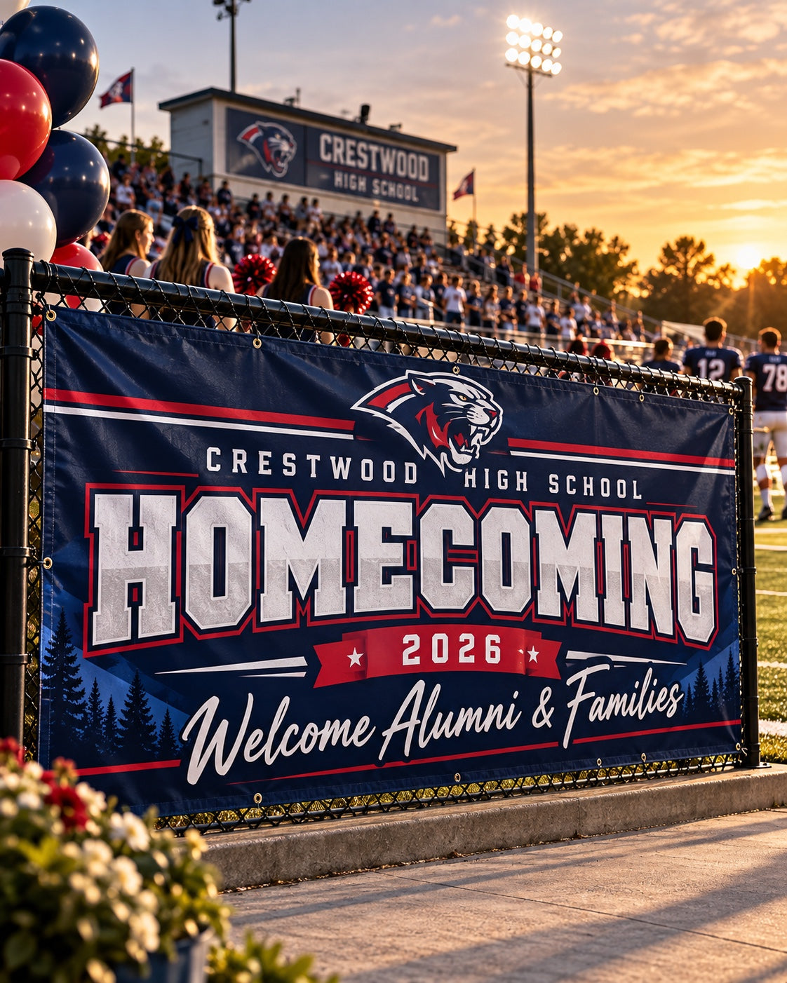 High school homecoming banner on a football field at sunset